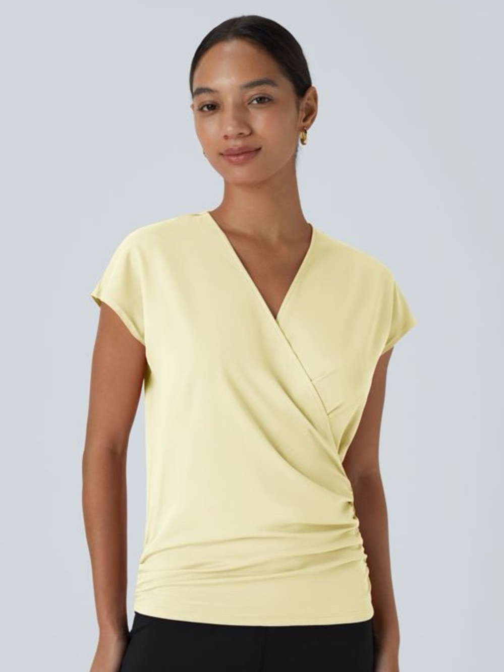 NWT Halara VNeck Cap Sleeve Crossover Ruched Solid Work Blouse Light Yellow